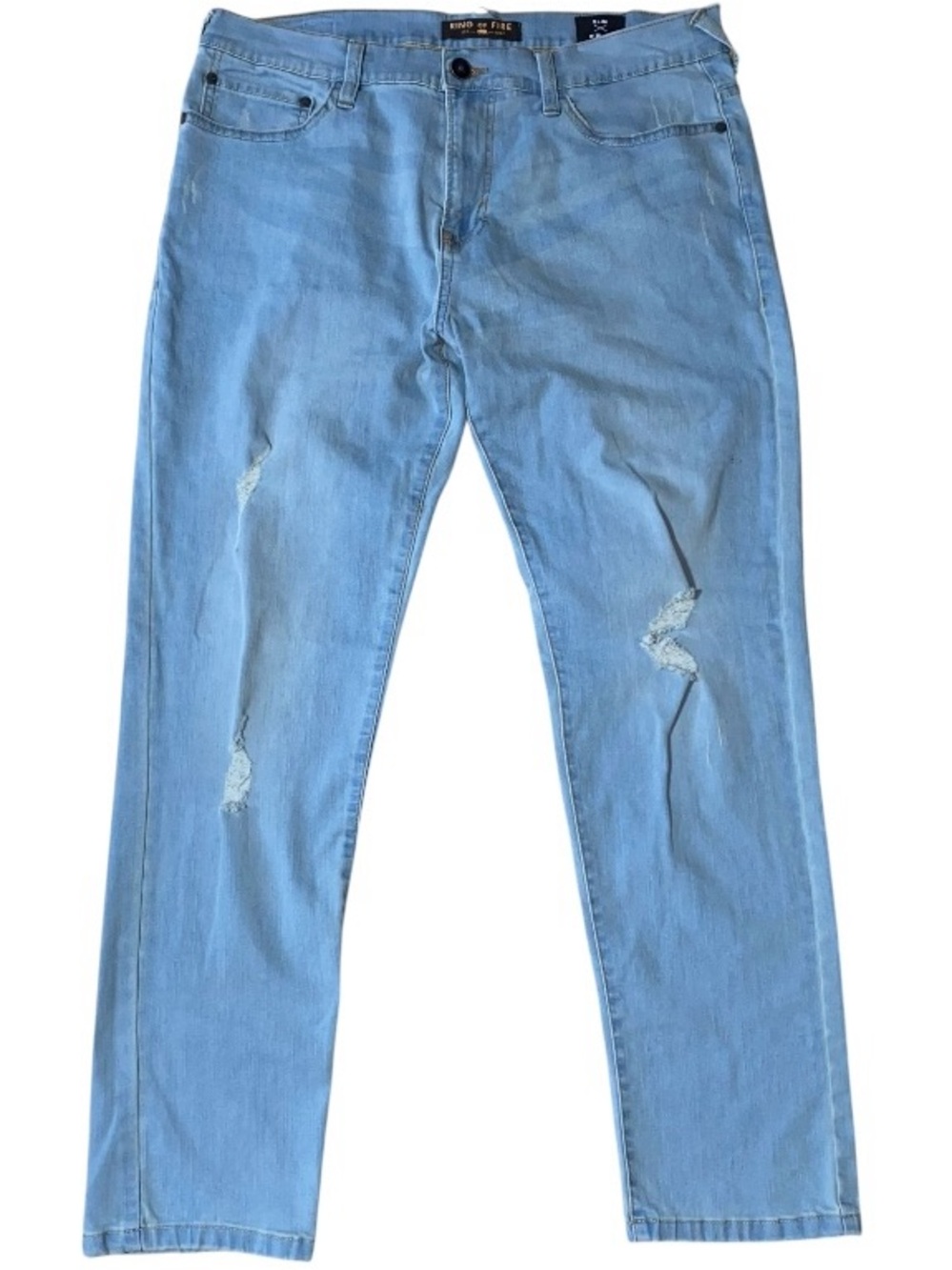 Ring Of Fire Slim Denim Blue Jeans Straight Leg Distressed Mens 36x30 (L)